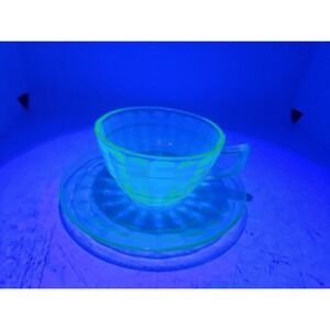 Vintage UV Uranium Vaseline Unbranded Glass Cup with Saucer Teacup IT GLOWS!